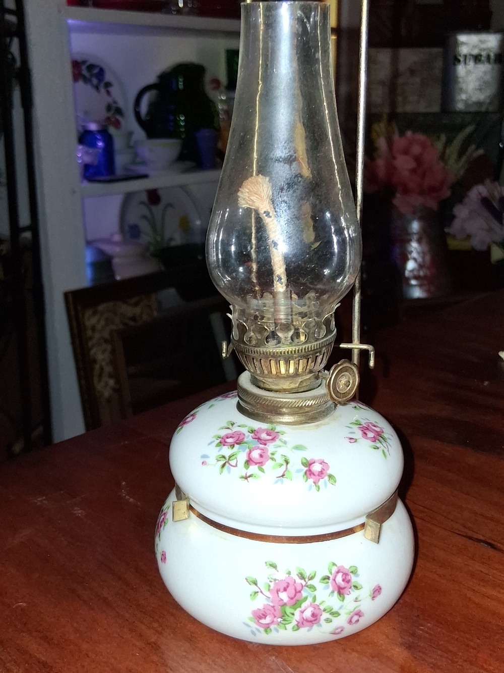Vintage Enesco White Floral Glass Oil Lamp with Pink Rose Motif